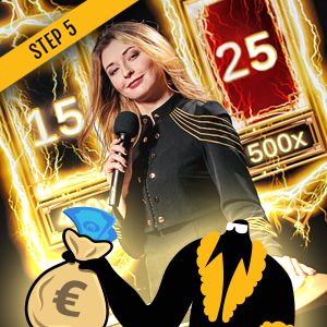 Mr. Gamble mascot beside a live casino game-show presenter.